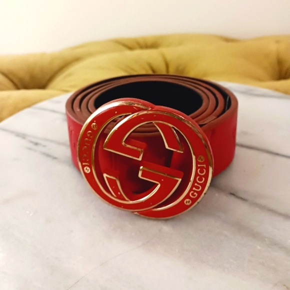 GUCCI Vtg Auth RED BELT 44" Metal GG - Picture 1 of 6